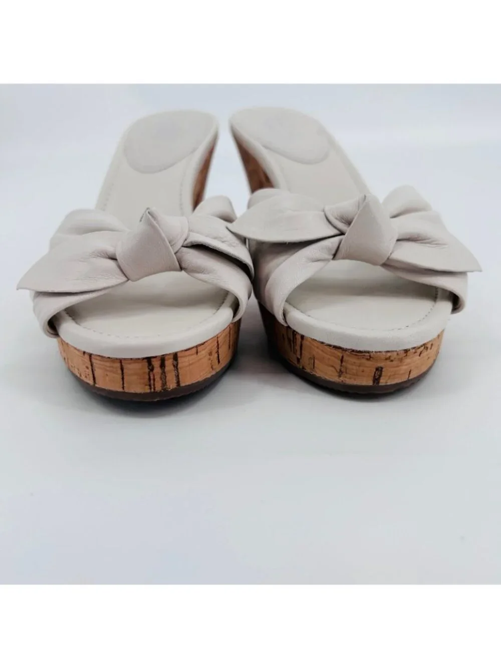 Coach Karen Slide Sandals White Size 7.5M Leather Cork Wedge Bow Platform Mules